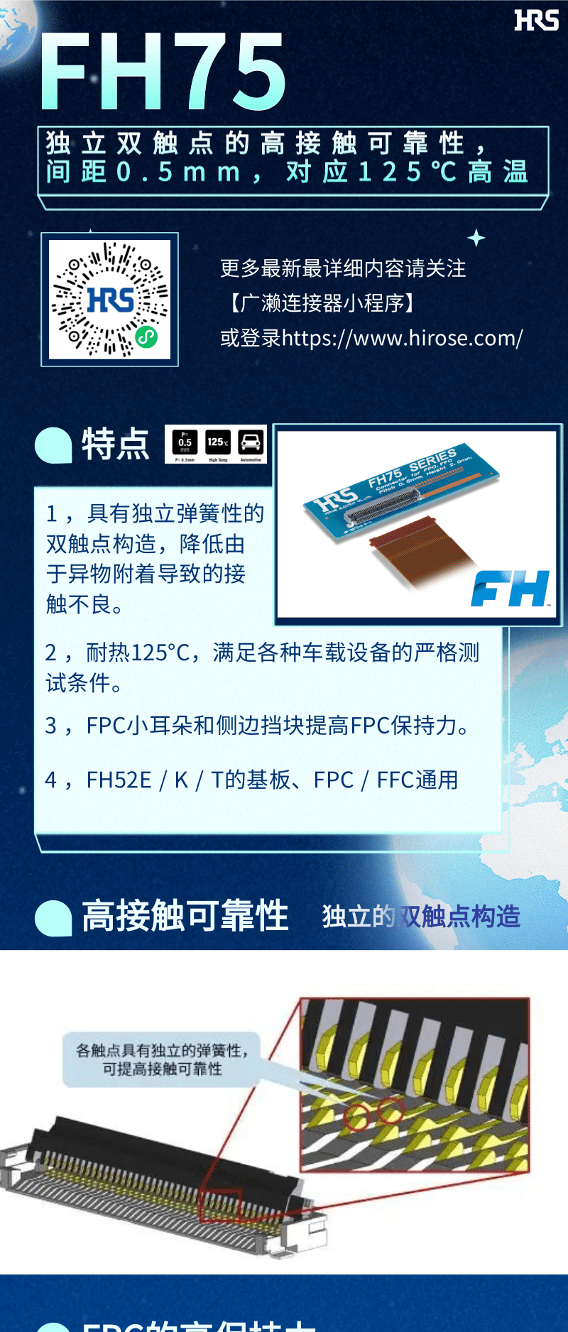 【產品推薦】車載用雙觸點、耐高溫125℃ FPC/FFC連接器-FH75