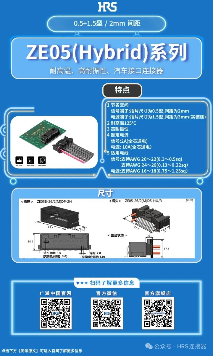 【產(chǎn)品推薦】耐高溫、高耐振性、汽車接口、電源信號混合型連接器ZE05系列